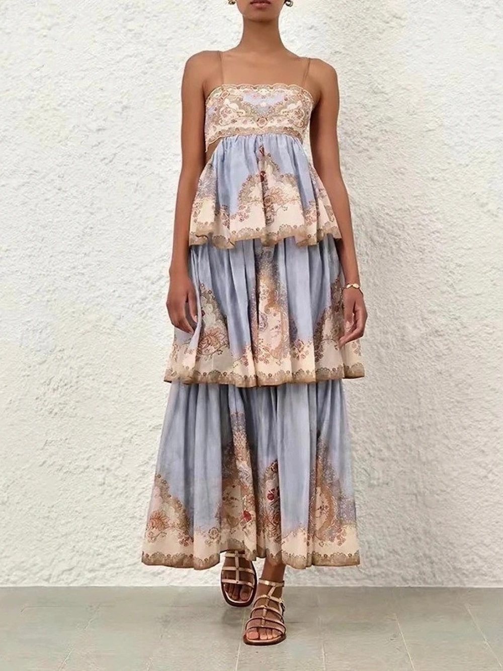 Zimmermann Daylight Tiered Maxi Dress Blue & Pink Size 1